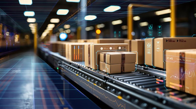 Futuristic image of a warehouse with boxes on a conveyer belt to support wholesaling in supply chain article