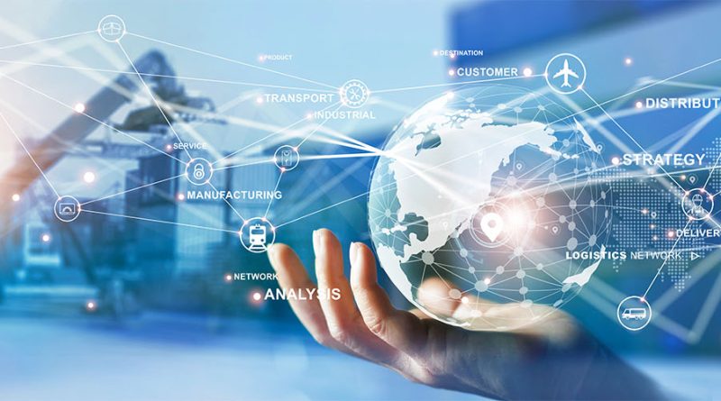 Futuristic image of someone holding a computer generated globe in their hands, with various pointers coming from it relating to different supply chain methods to support supply chain 2024 article