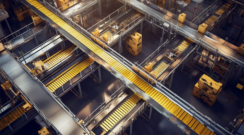 Futuristic image of a fully functioning shipping warehouse with different conveyer belts on top of each other to support supply chain automation article