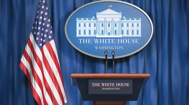 Image of a speech podium in front of The White House logo and an American flag to support supply chain resilience article