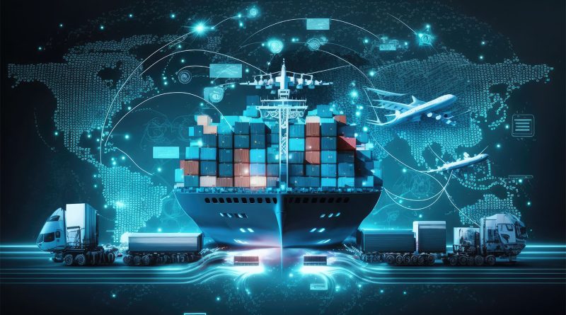 Futuristic image of a large shipping boat with a world map behind it with two shipping lorries either side to support supply chain strategy article