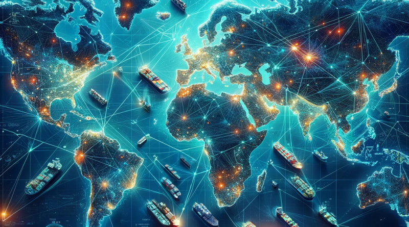 lobal trade routes and supply chain networks on a world map, showing the strategic importance of shipping lanes and logistic hubs.