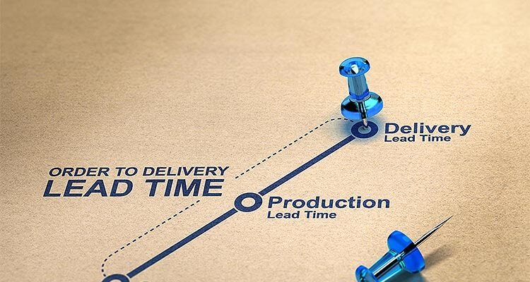 "Supply Chain Management Concept. Order, Production And Delivery Lead Time Order to delivery lead time diagram over paper background with blue thumbtacks. Supply Chain Management Concept. 3D illustration.