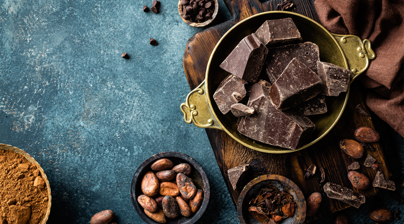 Image of chocolate on a table surrounded by cocoa beans to support voyage foods article