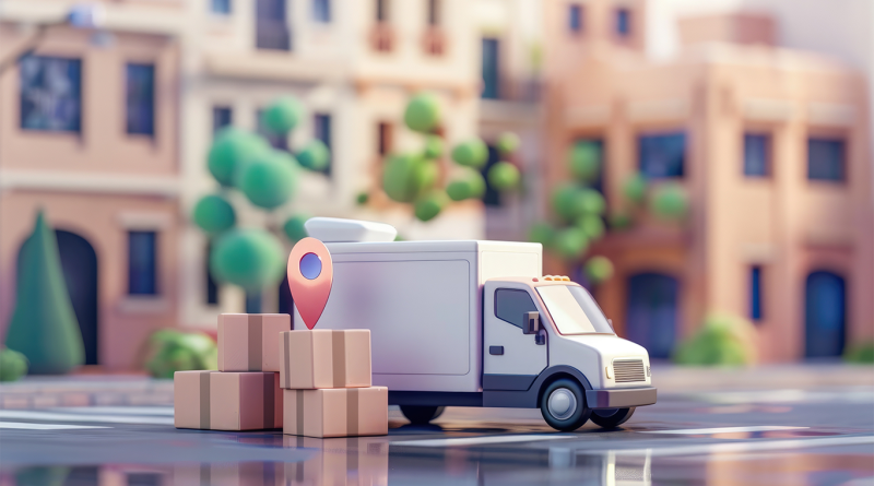 Animated image of a truck parked next to some boxes with a location pin on top to support last-mile delivery article