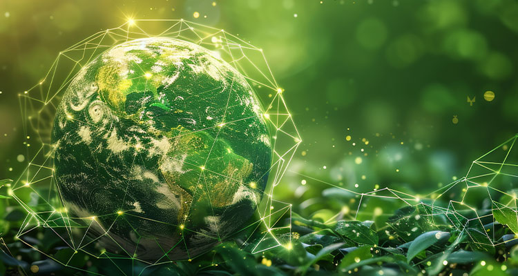 Planet earth is glowing on green background with a bokeh effect for environment conservation, sustainable development and global warming awareness