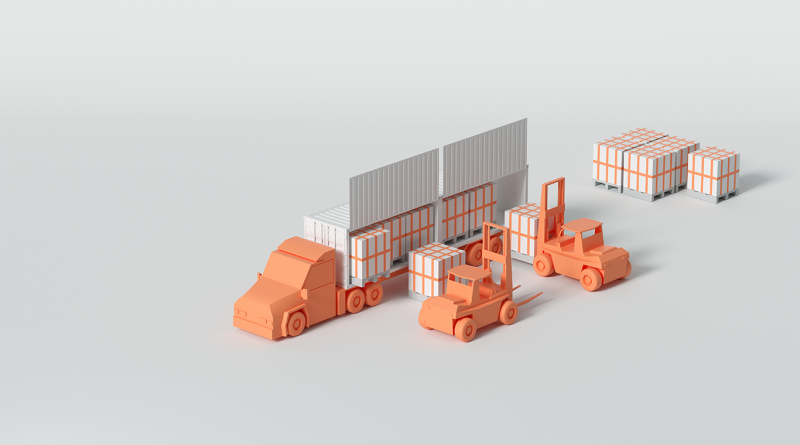 3D models of orange container trucks carrying different packages to support Upstream and Downstream supply chains article