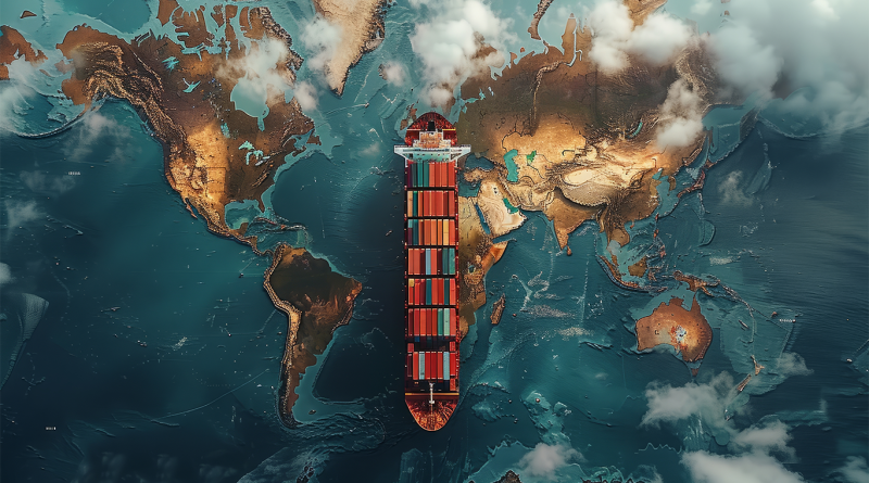 3D map with cargo ship on the sea next to Africa to support supply chain Blockchain article