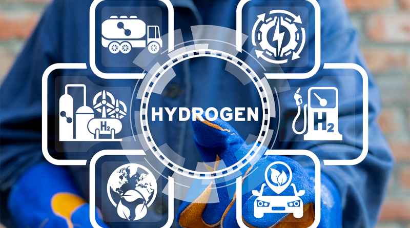 Digital image of a man holding the hydrogen icon with other icons highlighting its use all around it to support compressed hydrogen article