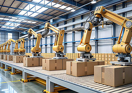 Robotic arms sorting packages in a modern warehouse , technology, automation, logistics, sorting