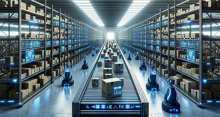 Futuristic automated warehouse interior with tall shelves stocked with boxes,robotic assistants on the floor,and a high-tech,glowing conveyor system under cool lighting.Logistics concept.AI generated.