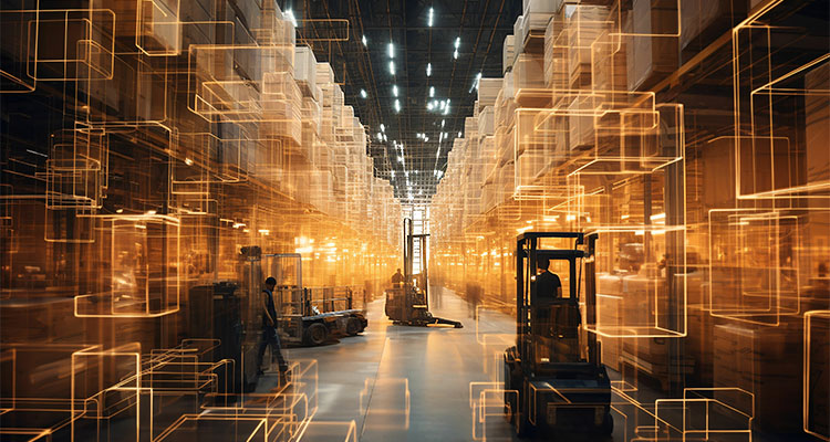 a vast storage facility, forklifts and workers move in orchestrated harmony. Their swift paths are transformed into ghostly trails, showcasing the dynamic pulse of everyday logistics