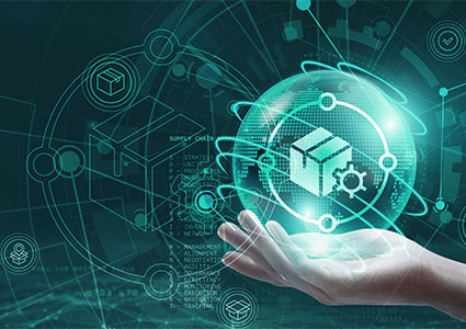 SMS. Hand holding a globe with network connecting data. Concept of digital technology, supply chain management and global connections. The integration of supply chain management enhances efficiency.