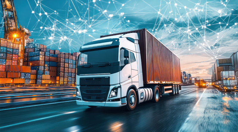 Digital image of a cargo truck driving on road surrounded by shipping containers to support supply chain trends article