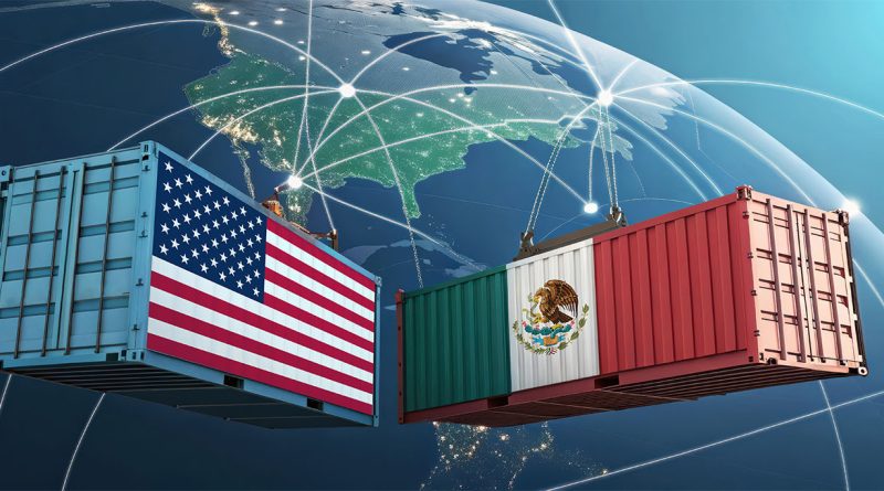 Two shipping containers, one with a US flag and the other with a Mexican flag to support Plan México article