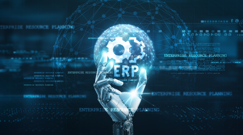 Futuristic robotic hand holding an ERP system icon, representing enterprise resource planning and digital transformation.