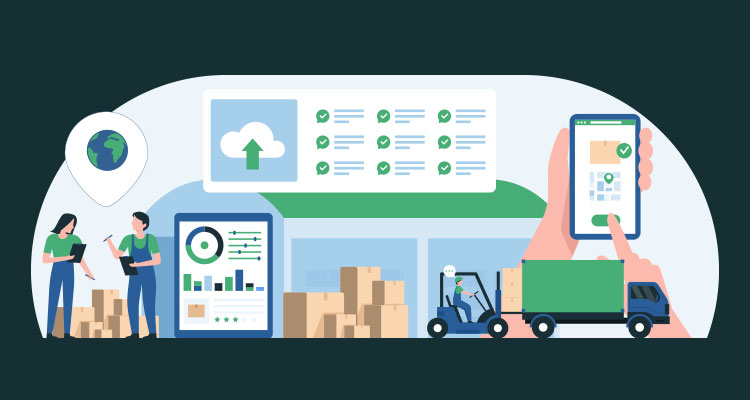 Modern Logistics Warehouse with Efficient Inventory Management Supply Chain Operations Using Advanced Technology for Warehouse Illustration