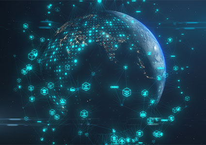 Supply chain smart contract computer code agreement on blockchain network - illustration rendering