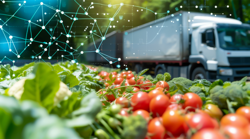 Food on supply chain conveyer belt next to shipping lorry