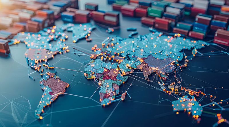 Global supply chains illustrated on map with shipping containers
