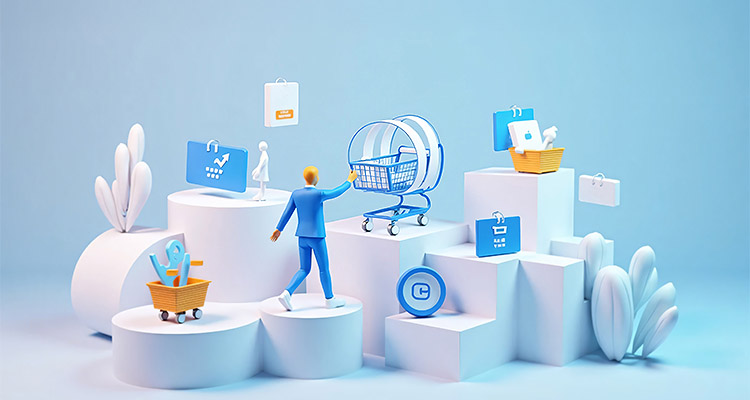 Digital shopping icons representing an omnichannel retail concept, designed