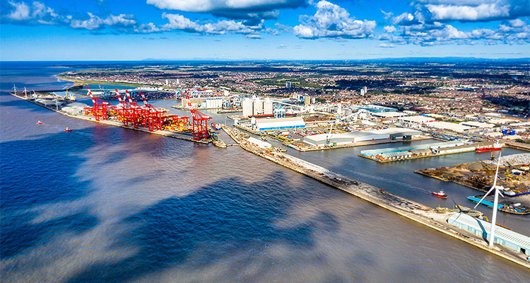 aerial view of the Port of Liverpool, a major port facility located on the River Mersey in the UK