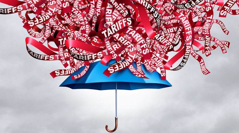 Umbrella with tariff signs raining down onto it to support Tariff Price Planner article