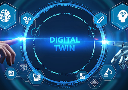 Digital twin industrial technology and manufacturing automation technology. 3d illustration