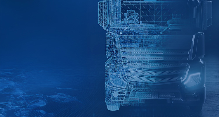 Carl Hanson on rewriting the playbook for transport and supply chain management a modern truck, presented with a blend of a wireframe model and a rendered, semi-transparent view.