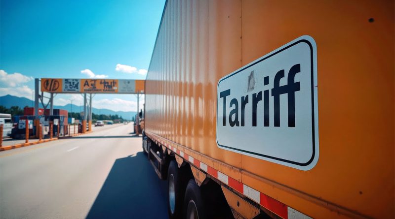 Heavy trucks lined up at a U.S.-Mexico border checkpoint as new import tariffs take effect.