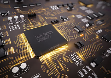 a close-up, high-tech rendering of a printed circuit board