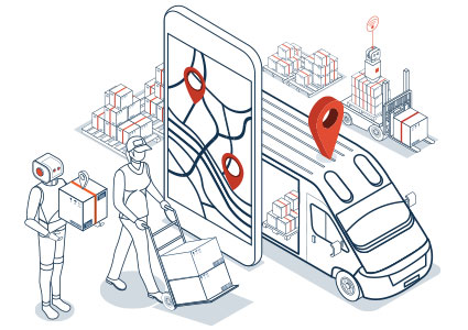 an isometric illustration depicting a modern, smart logistics and delivery network