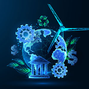 futuristic, low-poly digital illustration representing the concept of Environmental, Social, and Governance