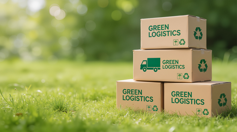 Stacked cardboard boxes labeled “Green Logistics” with recycling symbols placed on grass, representing sustainable supply chain and eco-friendly logistics practices