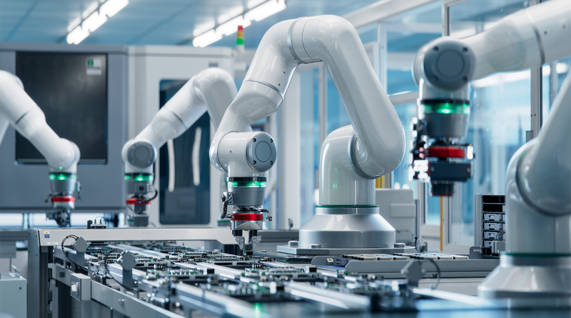 Robotic arms assembling electronic circuit boards on an automated production line inside a modern, high-tech manufacturing facility.