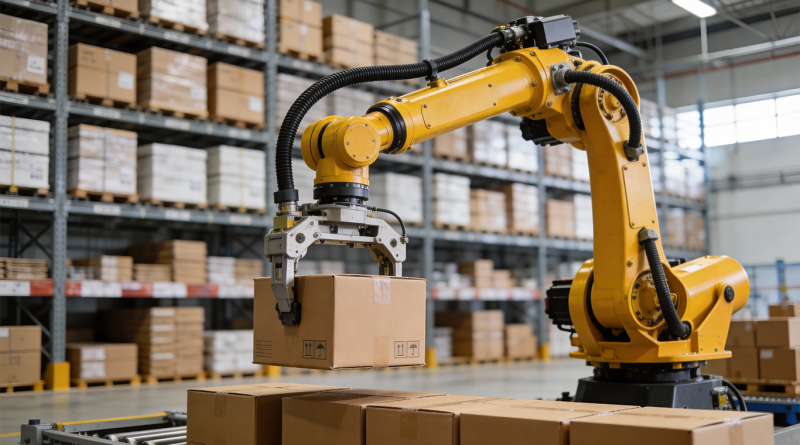 Autonomous mobile robots assisting workers inside a modern automated warehouse.