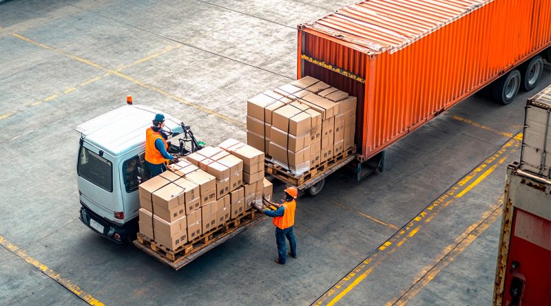 Truckload freight vehicles transporting retail goods as supply chains shift inland across the United States