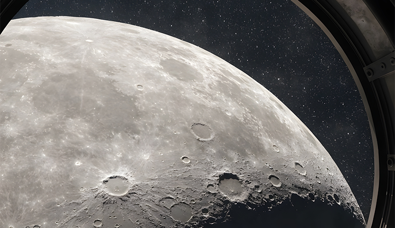View of the Moon through the Orion spacecraft window during NASA’s Artemis II mission, symbolizing aerospace manufacturing precision