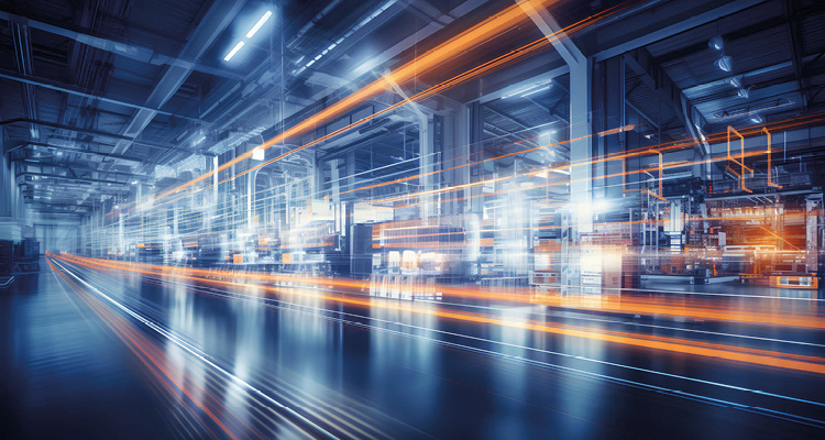 an advanced smart factory setting, showcasing the convergence of physical machinery and digital technology