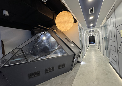 a space-themed corridor