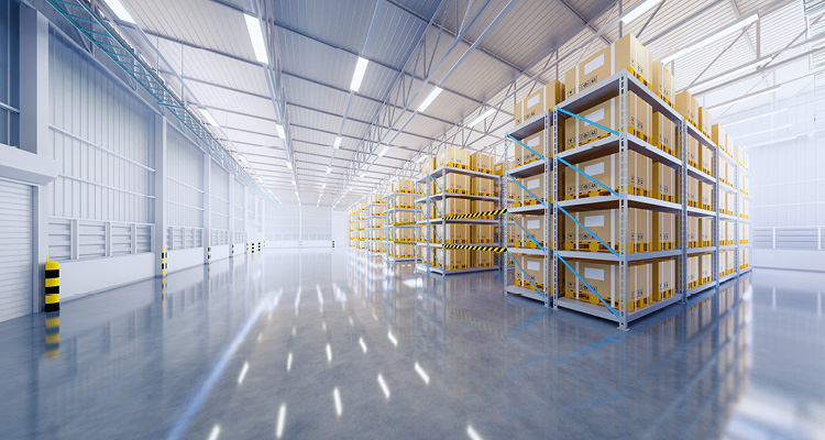 a wide-angle shot showcases a clean, brightly lit, and highly organized modern industrial storage warehouse