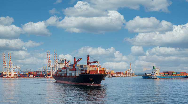 Aerial view container ship at industrial port import export global business company logistic transportation international by container ship