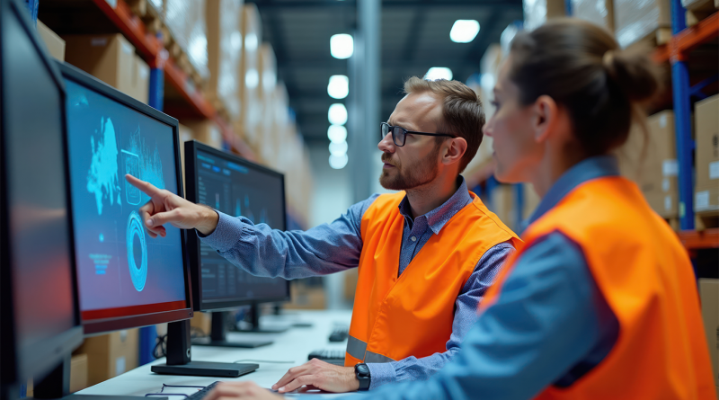 Two supply chain professionals in high-visibility vests review digital supply chain data on monitors inside a warehouse.