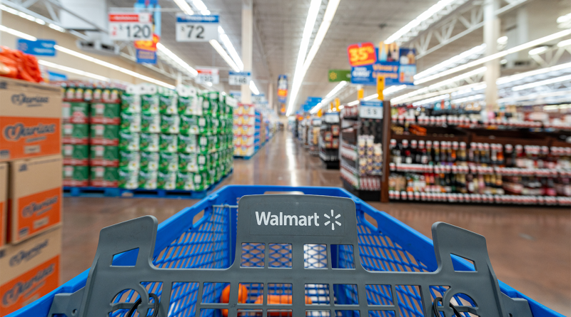 Blue shopping cart from a Walmart store, by Walmart Inc