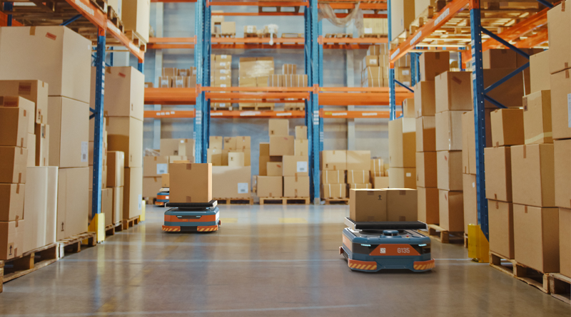 Future Technology 3D Concept: Automated Modern Retail Warehouse AGV Robots Transporting Cardboard Boxes in Distribution Logistics Center.
