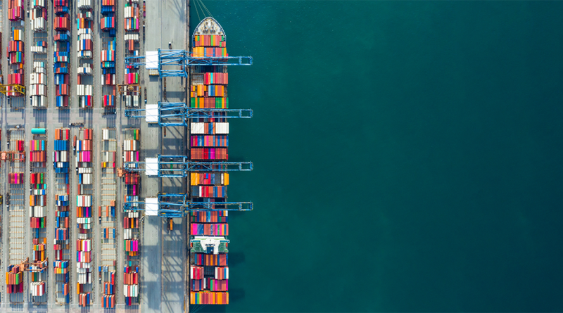 Ship of container ship stand in terminal port on loading